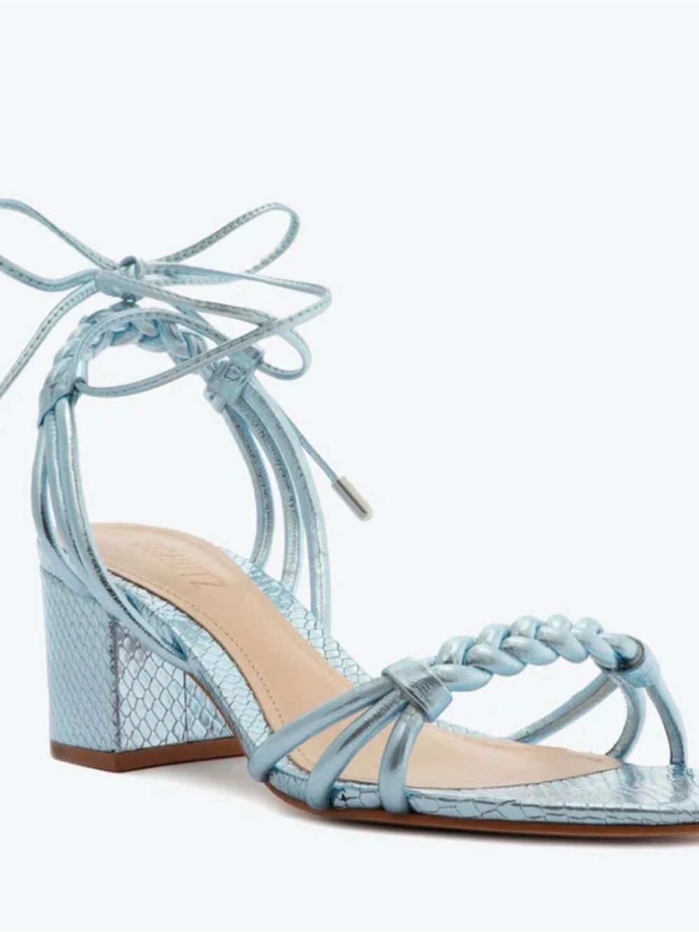 SCHUTZ Metallic Braided Lace-Up Block Heel Sandals — Light Blue